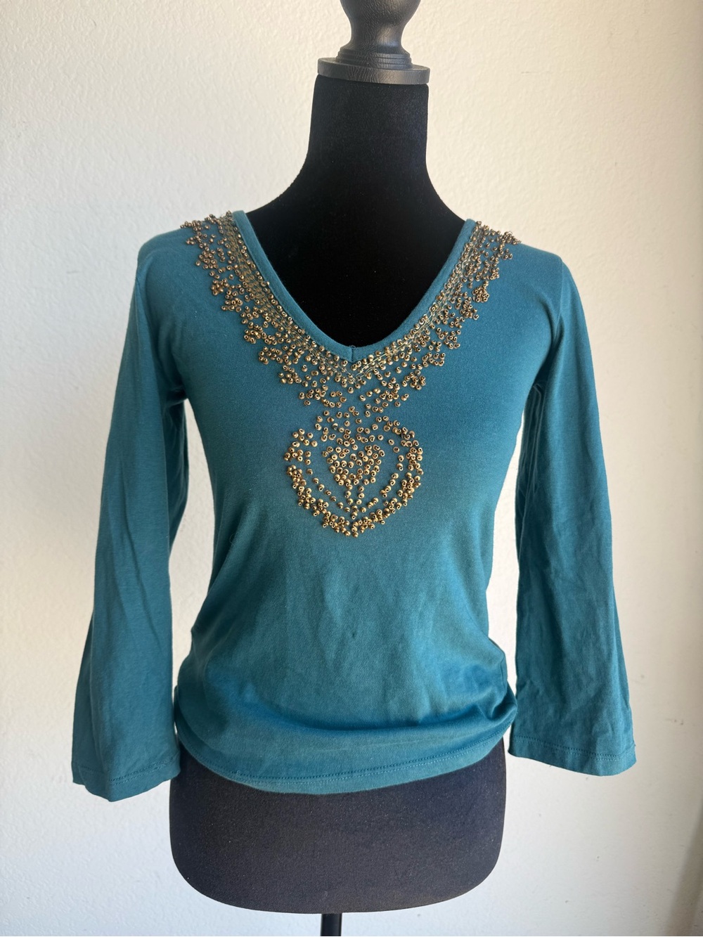 Y2K Chaudry Teal Beaded V-Neck Long Sleeve Top
